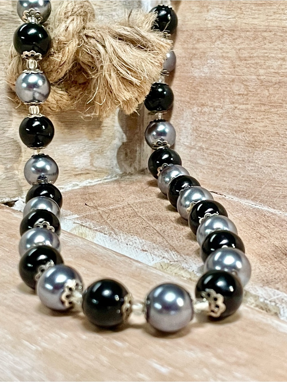 Women's Black and Silver Faux Pearl Beaded Necklace - Polished Two-Tone Design
